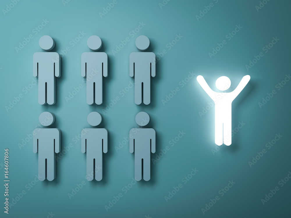 Poster Stand out from the crowd and different creative idea concepts , One glowing light man standing with arms wide open with other people on dark green background with shadows . 3D rendering.