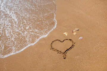 Heart drawn in the sand on the beach
