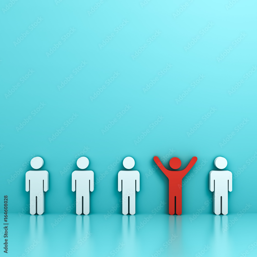 Aufkleber Stand out from the crowd and different creative idea concept , One red man standing with arms wide open among other people on green pastel color background with reflections and shadows . 3D rendering.