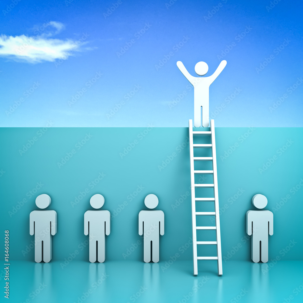 Fototapete stand out from the crowd and different concept , one man standing with arms wide open on top of the 