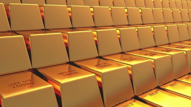 4k Gold bullion gold bars treasury wealth Ingot luxury finance goods trading,3D animation of stacked gold bars.