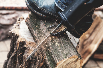 Reciprocating power saw sawing round timber closeup