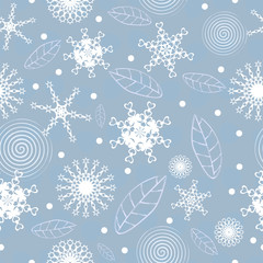 winter seamless pattern with snowflakes, spirals and leaves on a blue background
