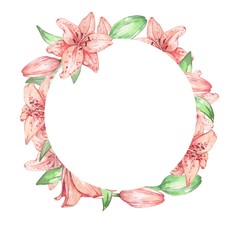 Lily pink . Background. Isolated on white. Watercolor illustration. Hand drawing. Decorative element for greeting card, Invitation card.
