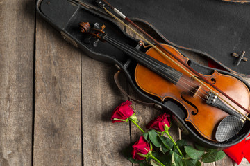 Fototapeta na wymiar Red roses and a violin
