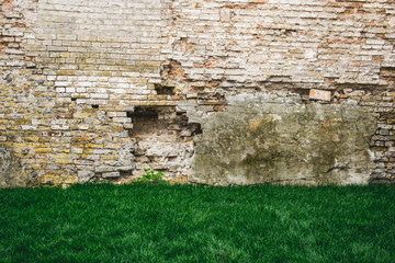 Old abandoned wall with grass in front of it