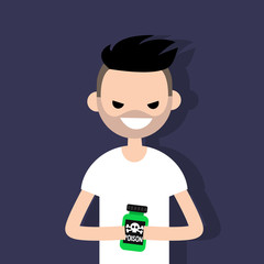 Young angry character holding a bottle with a poison sign / flat editable vector illustration, clip art