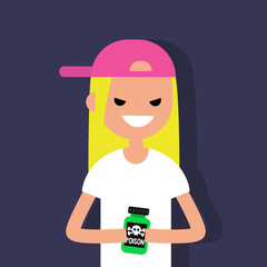 Young angry female character holding a bottle with a poison sign / flat editable vector illustration, clip art
