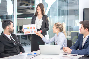 Businesswoman presenting graph in meeting to co-workers in the office.