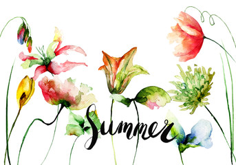 Original floral background with flowers and title summer
