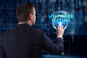 Business, Technology, Internet and network concept. Young businessman working on a virtual screen of the future and sees the inscription: Software testing