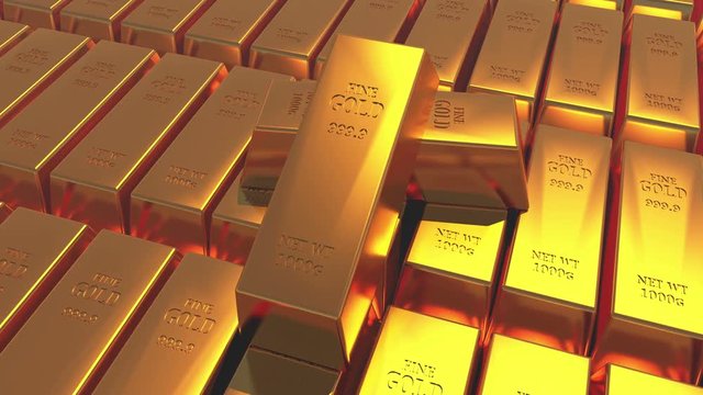 4k Gold bullion gold bars treasury wealth Ingot luxury finance goods trading,3D animation of stacked gold bars.