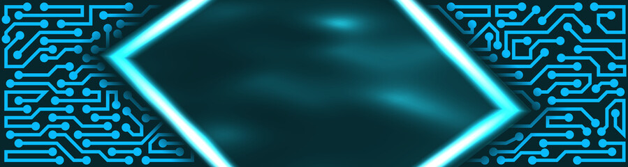 Horizontal futuristic technology banner with circuit board elements of light blue shades