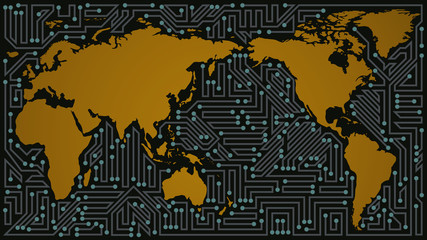 World map communication network of gray, blue, yellow and black shades