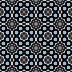 Abstract decorative geometrical seamless pattern of blue, black, gray, and white shades