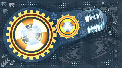 Abstract technological background with light bulb, gears and microchip of grey, white, orange, yellow and brown shades