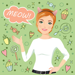 Young girl says Meow. Funny colored layout with cute girl and hand drawing pictures