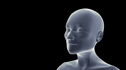 profile of an elderly bald person (conceptual 3d illustration in shades of blue on a black background)