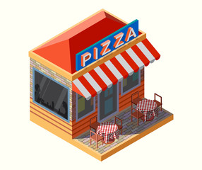 Vector isometric illustration of a pizza place, with chairs and tables on it's terrace.