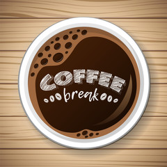 Cup of fresh coffee on wooden table. Vector.