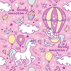 Little unicorn in air balloon looks into a spyglass / A seamless pattern with unicorns, birds and air balloons. Great for home textile.