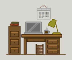 Vector drawn poster of home office space. Freelance background. Table, laptop, lamp, calendar, coffee, books