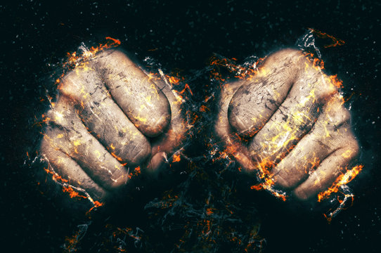 Two fists in flame, fire illustration. Fight concept.