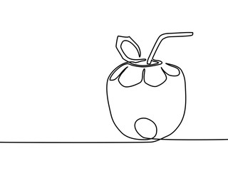 Continuous line drawing. Coconut Water Drink. Vector illustration black line on white background.
