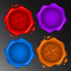 Vector set of Food and Drug Administration red wax seal with text isolated on transparent background. Approved wax stamp of FDA