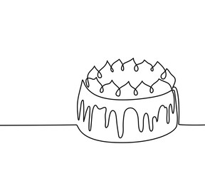 Continuous line drawing of big cake. Vector illustration black line on white background.