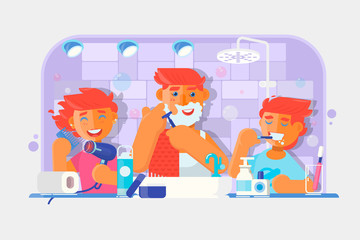 Young family. Boy brushing his teeth, Man shaving his face, Little girl combing her hair in the bathroom. Vector illustration