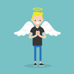 Young character wearing angel costume: nimbus and wings / flat editable vector illustration, clip art