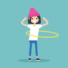Young female character twirling a hoop around the waist / flat editable vector illustration, clip art