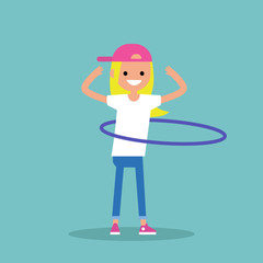 Young female character twirling a hoop around the waist / flat editable vector illustration, clip art