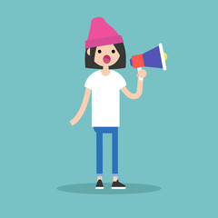 Young female character speaking through megaphone / flat editable vector illustration, clip art