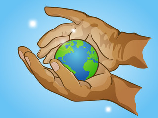 two hands holding planet Earth, cherish the globe, vector illustration