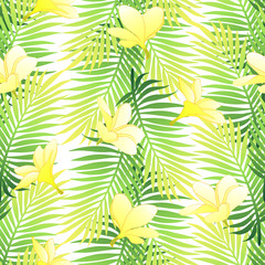 Fototapeta na wymiar Green palm tropical seamless pattern with yellow flowers