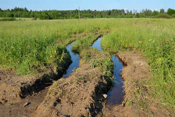 Deep ruts from the machine filled with water