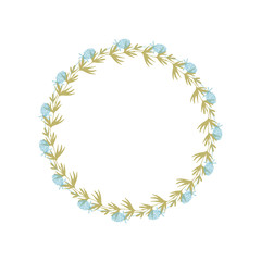 Vector botanical illustration with a wreath made of stylized leaves and clover flowers.