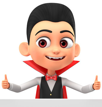 3d render illustration. Vampire shows two thumbs up. Illustration for advertising.