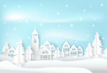 Winter holiday and snow in city town with blue sky background. Christmas season paper art style illustration.