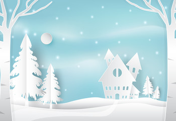 Fototapeta na wymiar Winter holiday and snow in countryside with blue. Christmas season paper art style