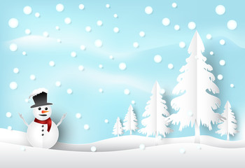 Winter holiday snow and snowman with blue sky background. Christmas season paper art style illustration.