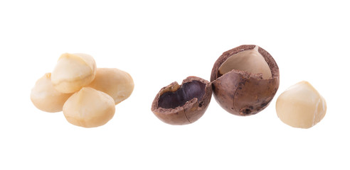 Shelled and unshelled Dried macadamia nut isolated on a white background