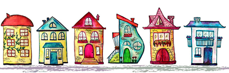 Naklejka premium Watercolor city seamless line. Cute houses background. Raster illustration