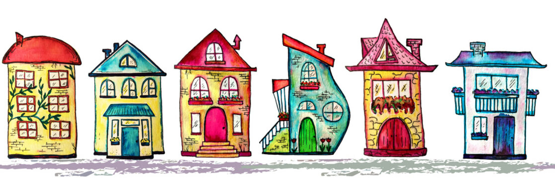 Watercolor city seamless line. Cute houses background. Raster illustration