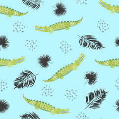 Seamless pattern with crocodiles and palm leaves. Vector abstract tropical background.
