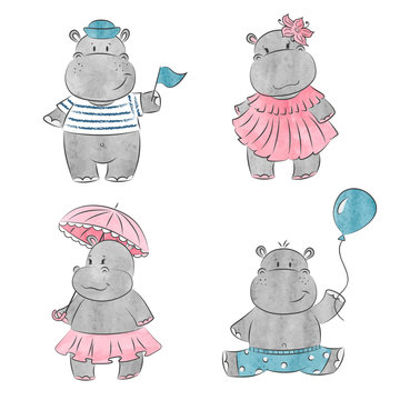 Set of cute cartoon baby Hippo. Vector watercolor illustration.