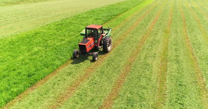 Tractor harvesting crop in field, aerial view.
