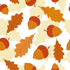 Seamless autumn pattern with acorns and oak leaves. Vector fall background.